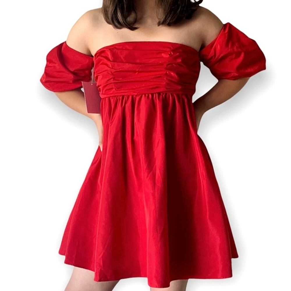 Free People Party Taffetta Red Corset Puff Sleeve Babydoll Mini Dress
